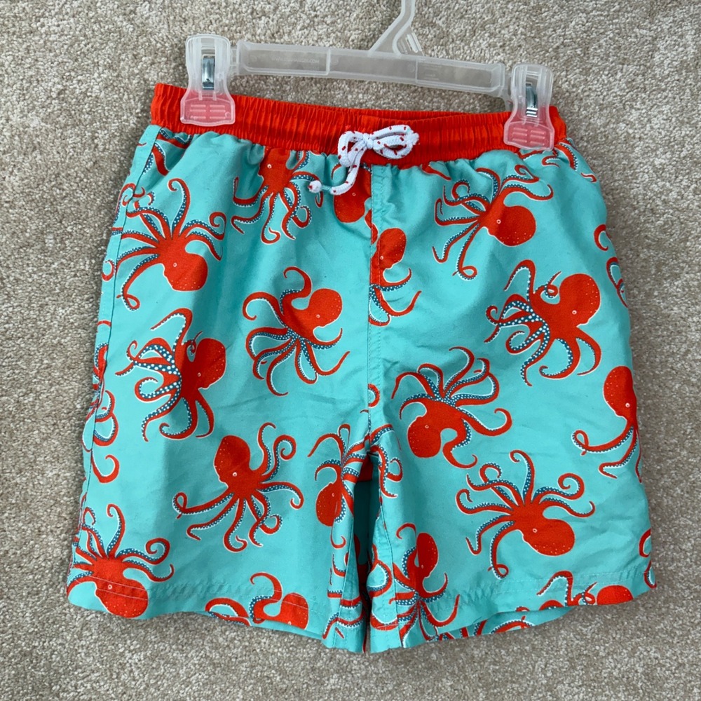 MINI BODEN Swim Trunks Boys Size 8 Blue Orange Octopus Print Beach Shorts